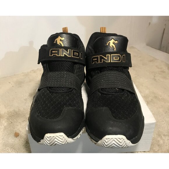 AND1 Size 6 Boys Basketball Shoes Black Gold Mid Top Hook & Loop - Picture 2 of 13